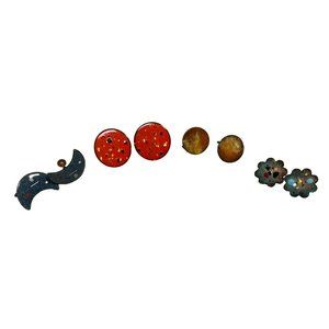 4 Pair Vintage Mid Century Enameled Copper Hand Painted Screw Back Earrings Roun